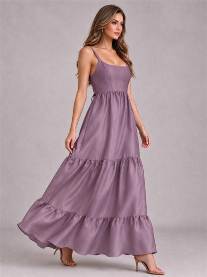 Square Neck A-Line Spaghetti Straps Satin Sleeveless Floor-Length Wedding Guest Dress