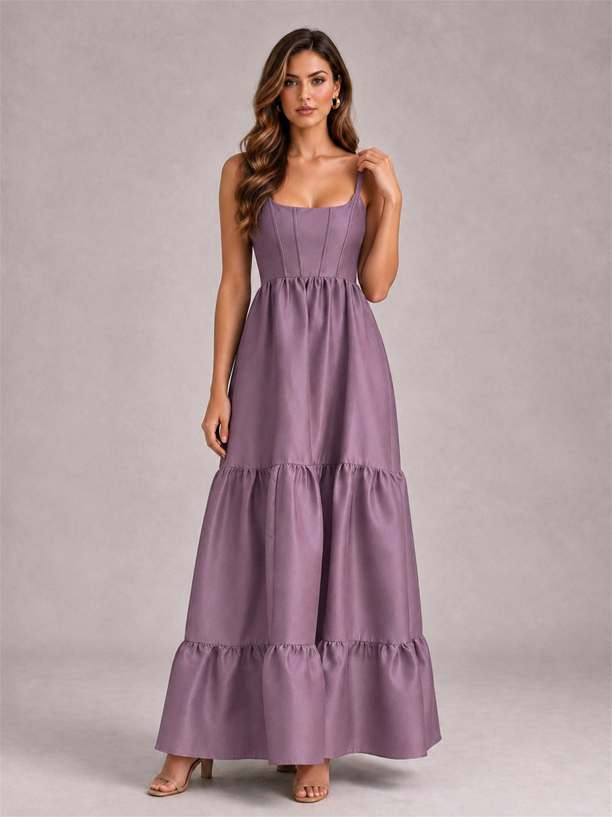 Square Neck A-Line Spaghetti Straps Satin Sleeveless Floor-Length Wedding Guest Dress