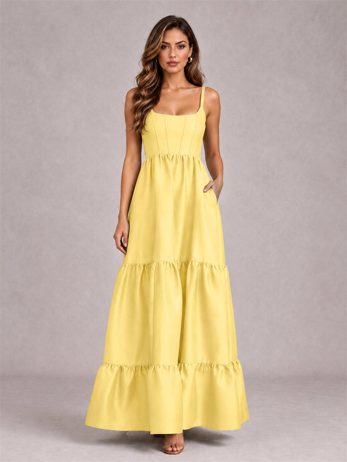 Square Neck A-Line Spaghetti Straps Satin Sleeveless Floor-Length Wedding Guest Dress