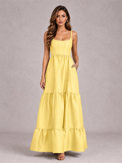 Square Neck A-Line Spaghetti Straps Satin Sleeveless Floor-Length Wedding Guest Dress