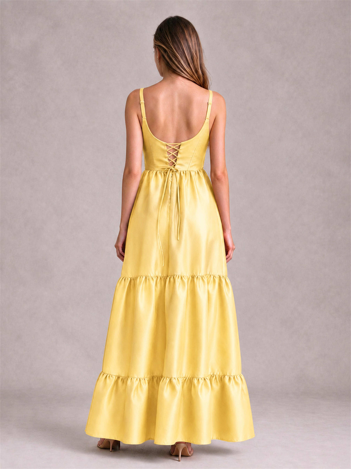 Square Neck A-Line Spaghetti Straps Satin Sleeveless Floor-Length Wedding Guest Dress