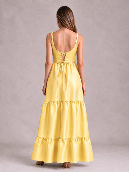 Square Neck A-Line Spaghetti Straps Satin Sleeveless Floor-Length Wedding Guest Dress