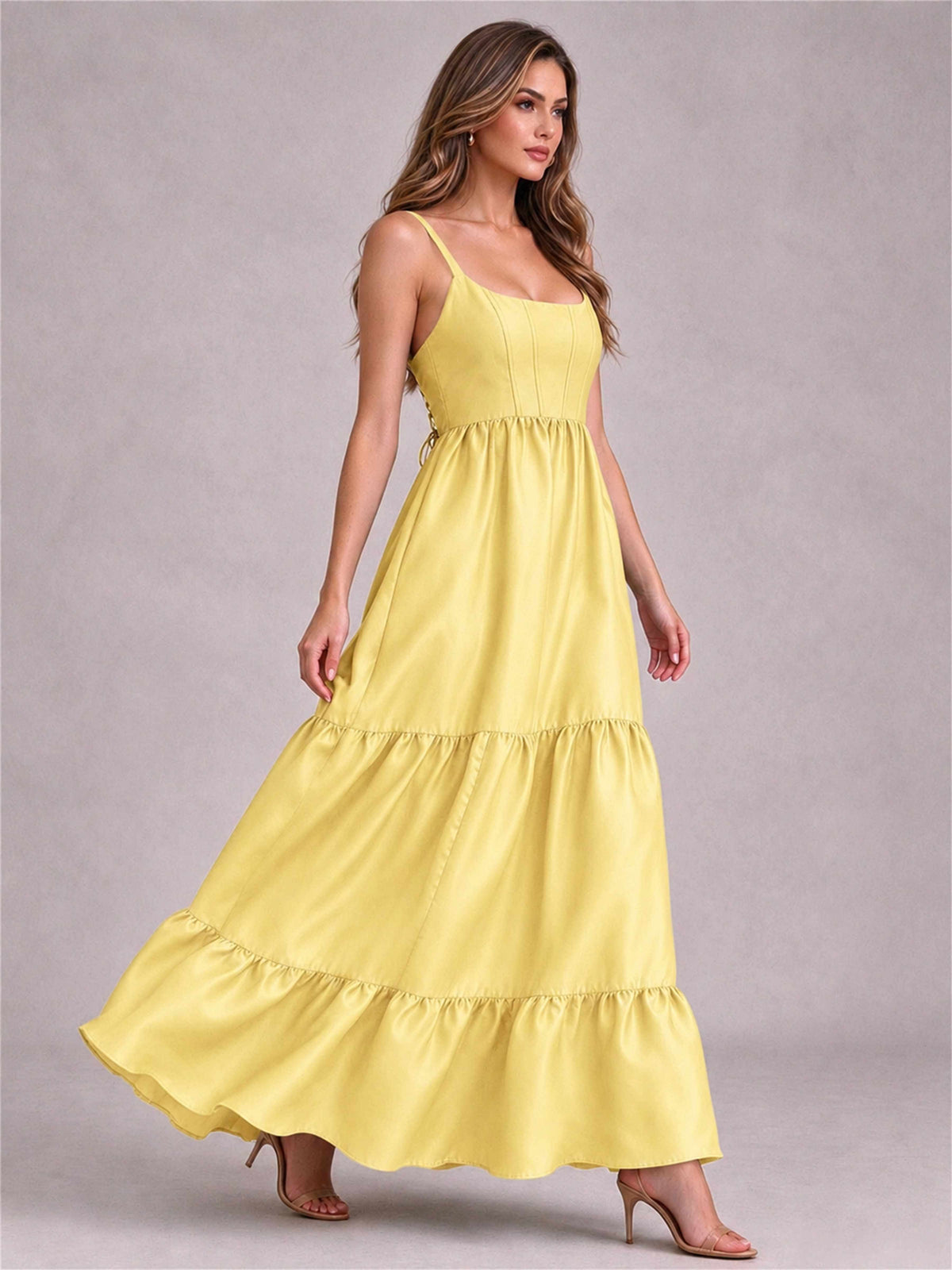 Square Neck A-Line Spaghetti Straps Satin Sleeveless Floor-Length Wedding Guest Dress