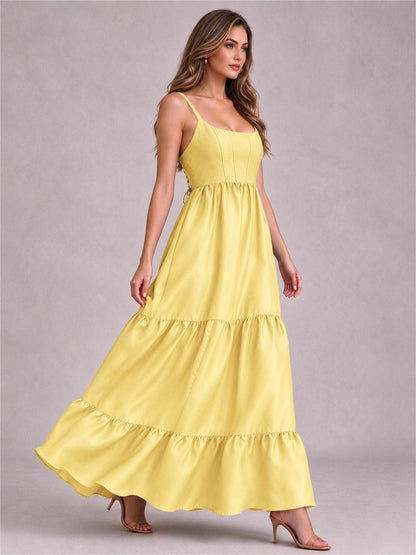 Square Neck A-Line Spaghetti Straps Satin Sleeveless Floor-Length Wedding Guest Dress