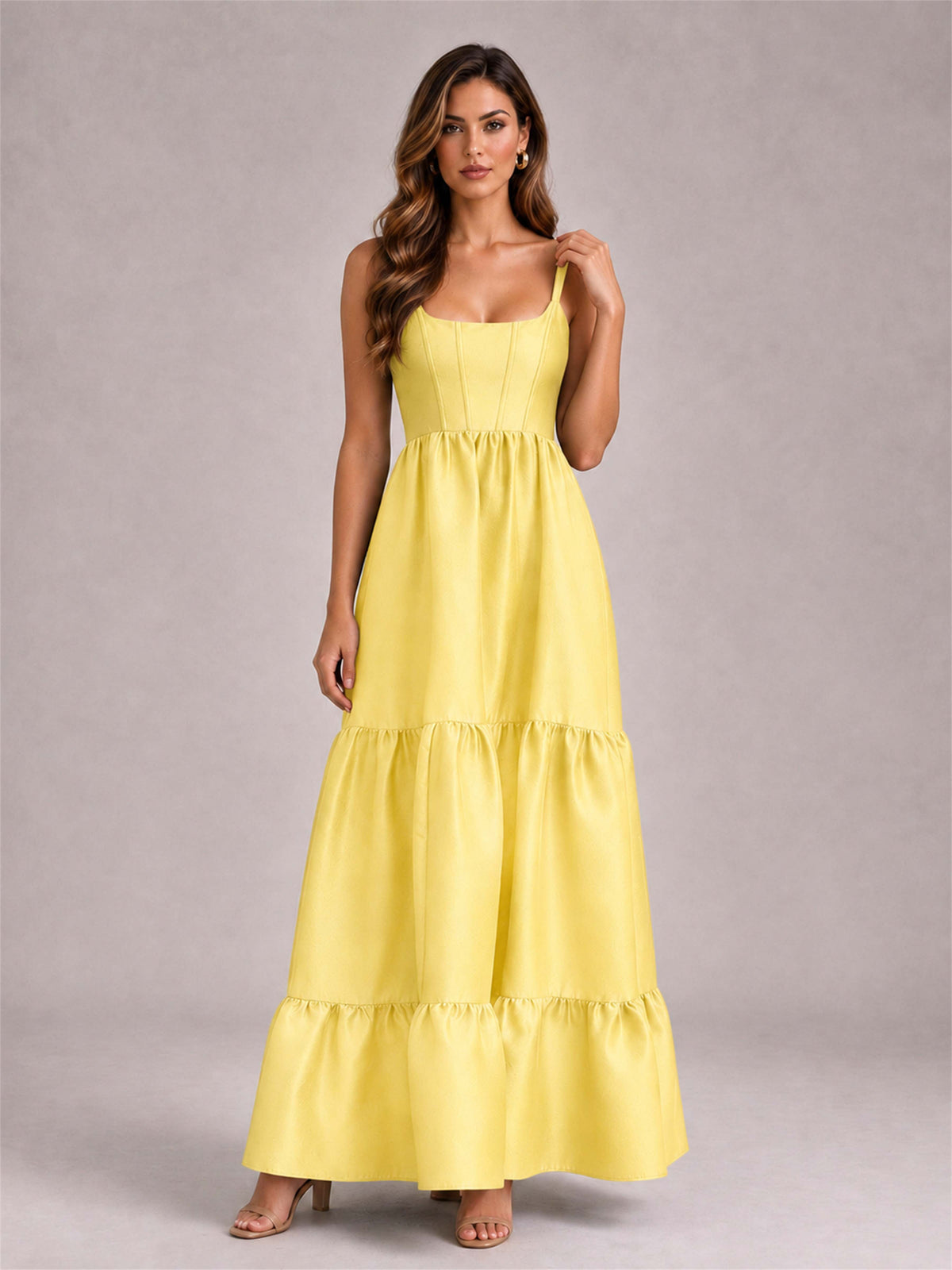Square Neck A-Line Spaghetti Straps Satin Sleeveless Floor-Length Wedding Guest Dress