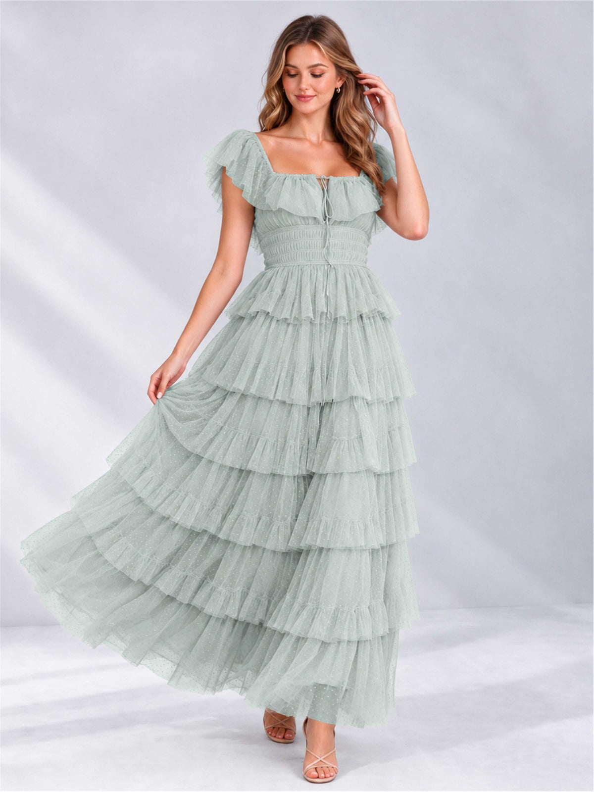 Eucalyptus Square Neck A-Line Tiered Short Sleeves Tulle Floor-Length Wedding Guest Dress
