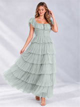 Square Neck A-Line Tiered Short Sleeves Tulle Floor-Length Wedding Guest Dress