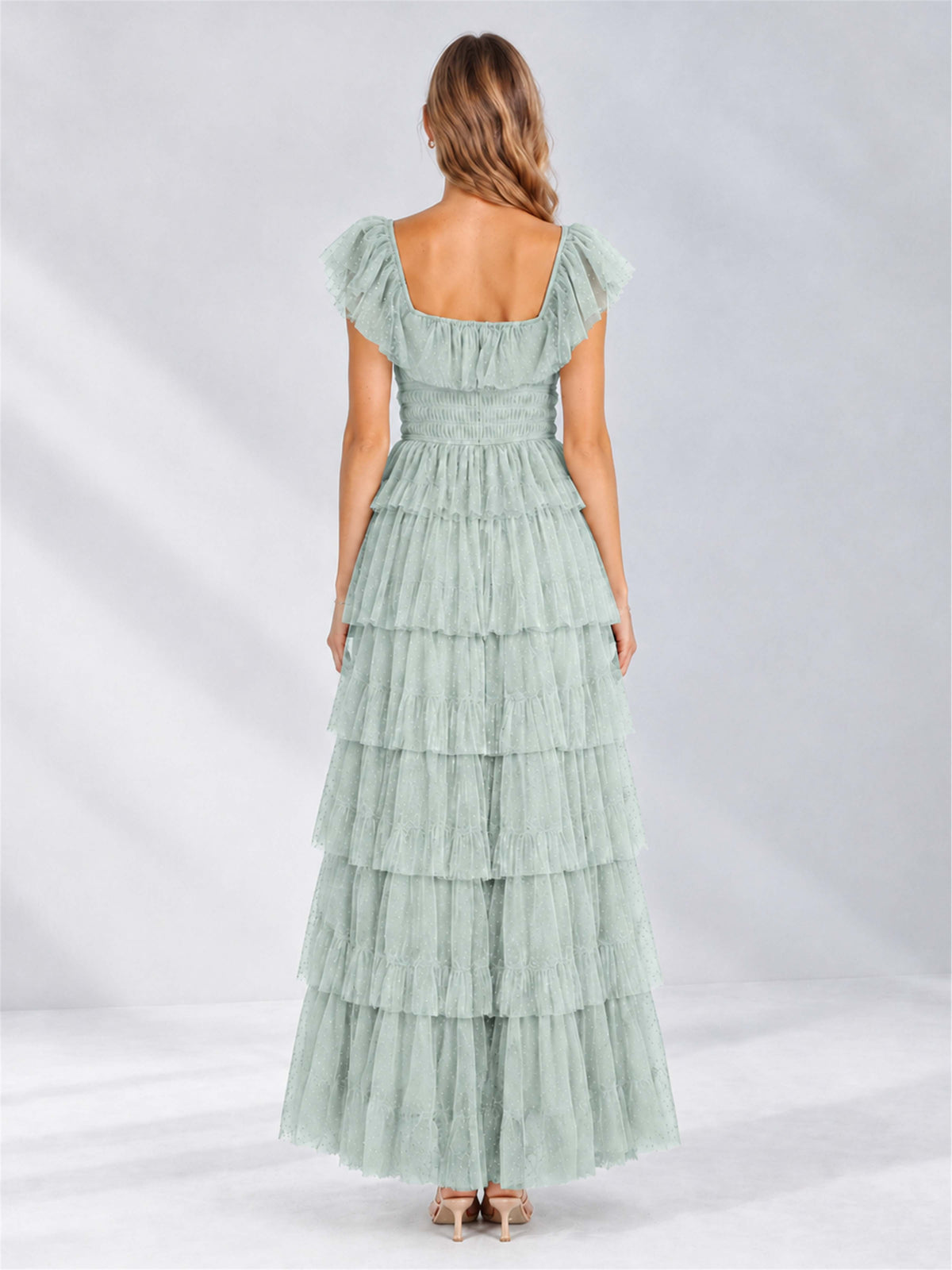 Eucalyptus Square Neck A-Line Tiered Short Sleeves Tulle Floor-Length Wedding Guest Dress