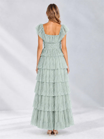 Eucalyptus Square Neck A-Line Tiered Short Sleeves Tulle Floor-Length Wedding Guest Dress
