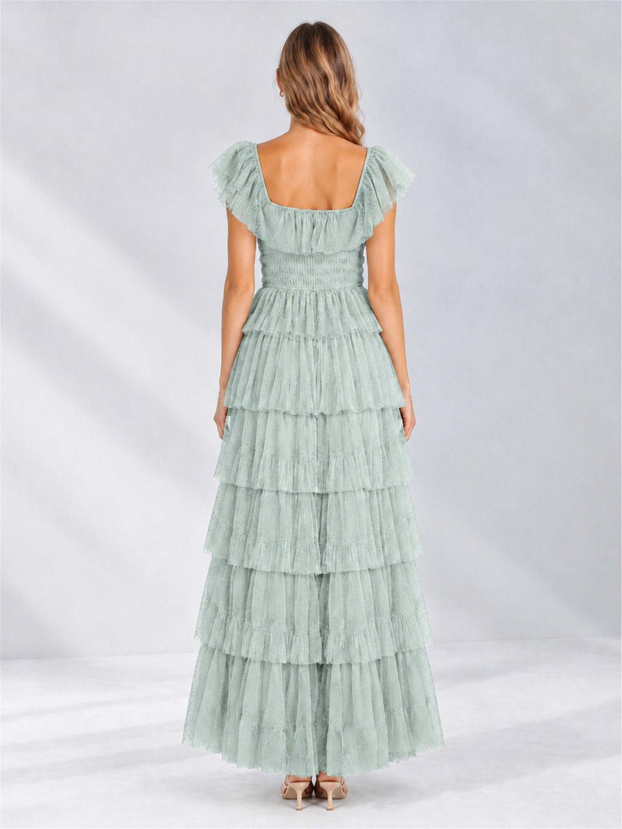Eucalyptus Square Neck A-Line Tiered Short Sleeves Tulle Floor-Length Wedding Guest Dress