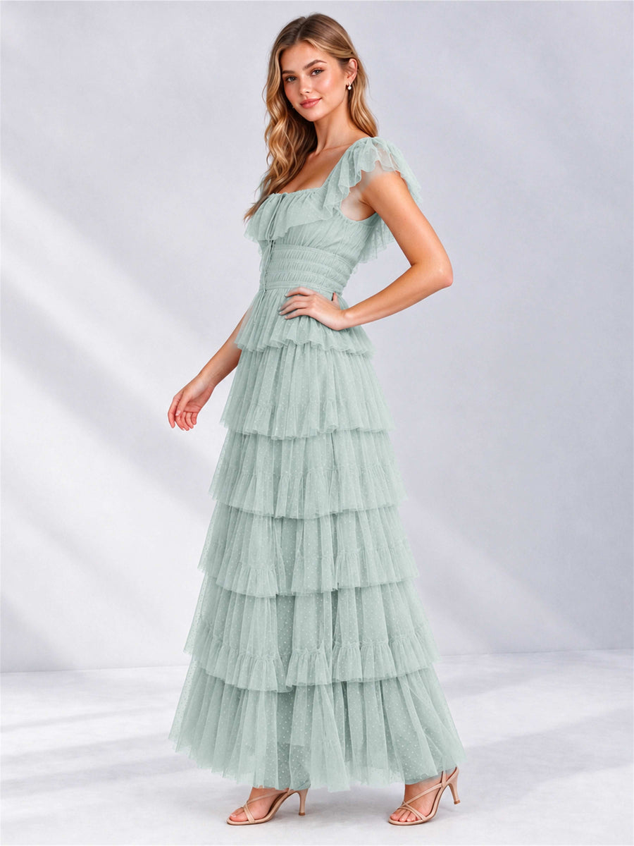Eucalyptus Square Neck A-Line Tiered Short Sleeves Tulle Floor-Length Wedding Guest Dress