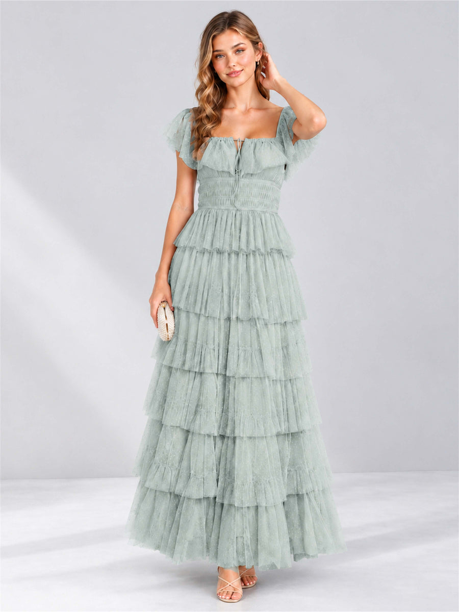 Eucalyptus Square Neck A-Line Tiered Short Sleeves Tulle Floor-Length Wedding Guest Dress