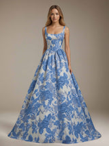 Square Neck Floral Prom Dress Sleeveless Lace-Up Back