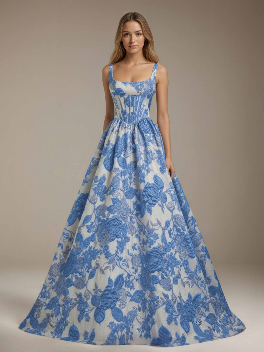 Blue Square Neck Floral Prom Dress Sleeveless Lace-Up Back