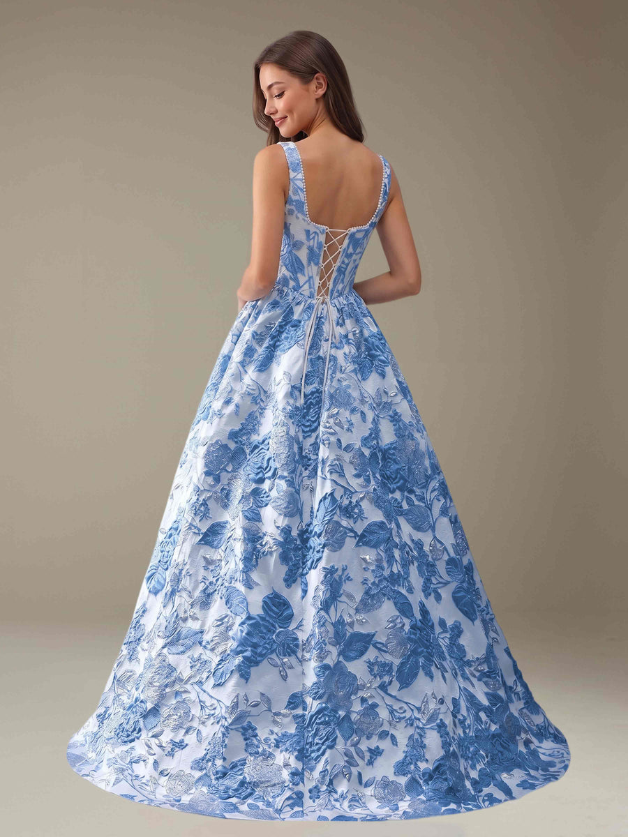 Blue Square Neck Floral Prom Dress Sleeveless Lace-Up Back