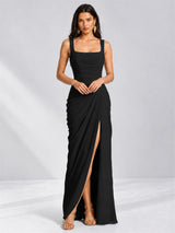 Square Neck Mermaid Chiffon Lace Up Back Wedding Guest Dress with Split Side