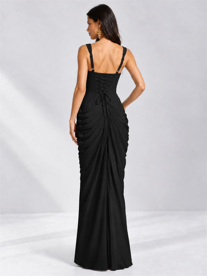 Square Neck Mermaid Chiffon Lace Up Back Wedding Guest Dress with Split Side