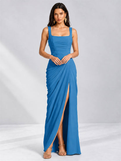 Square Neck Mermaid Chiffon Lace Up Back Wedding Guest Dress with Split Side