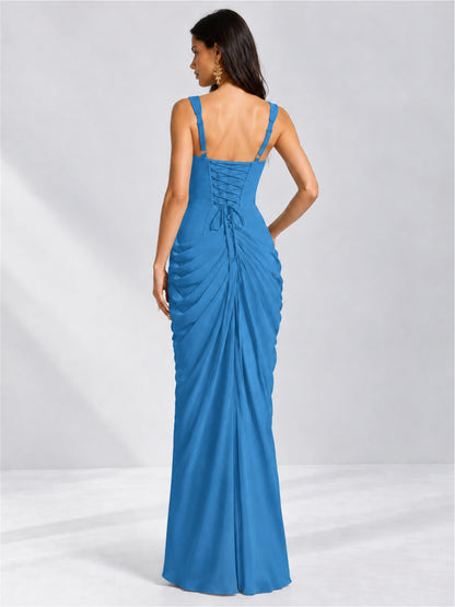 Square Neck Mermaid Chiffon Lace Up Back Wedding Guest Dress with Split Side