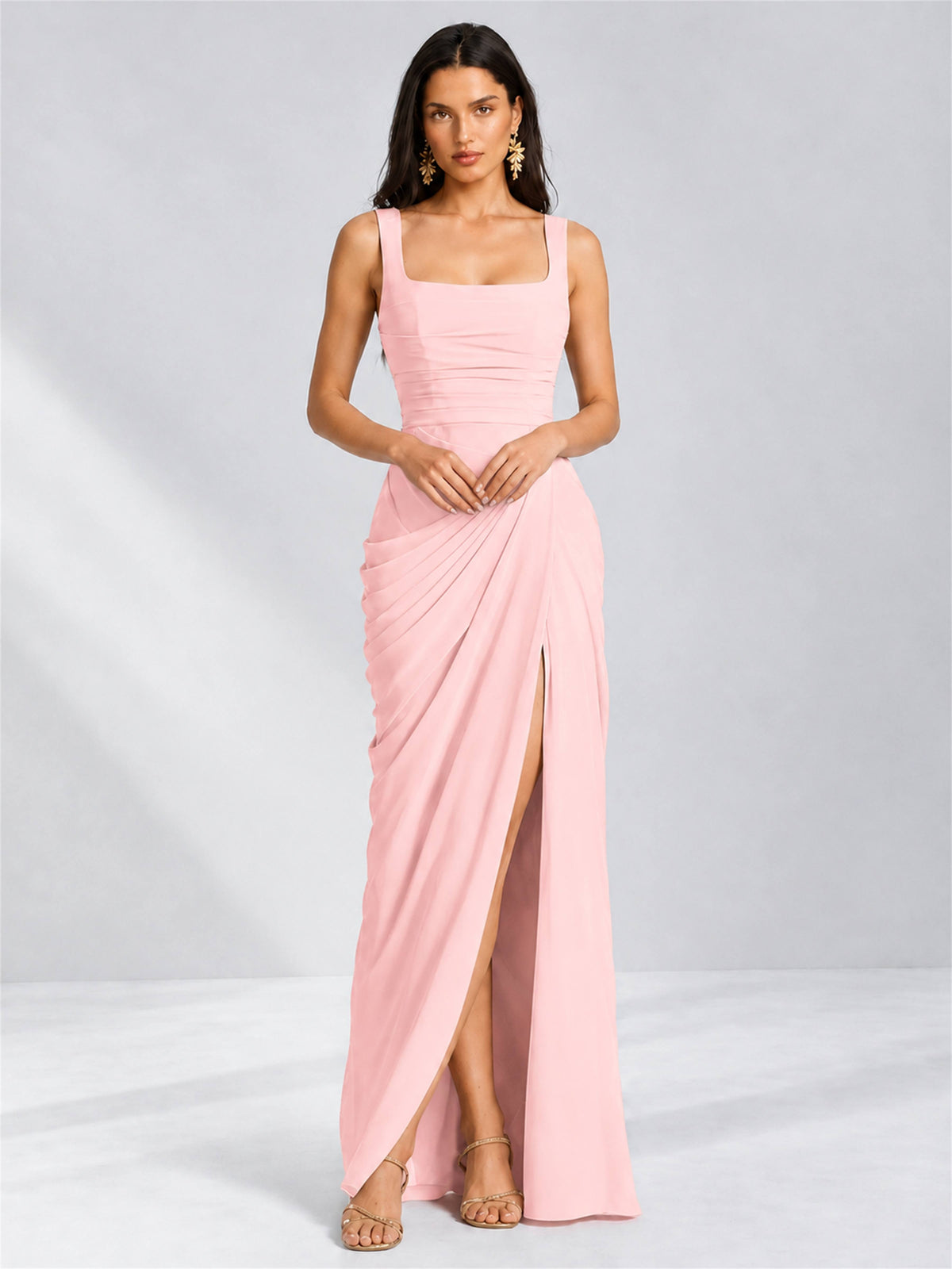 Square Neck Mermaid Chiffon Lace Up Back Wedding Guest Dress with Split Side