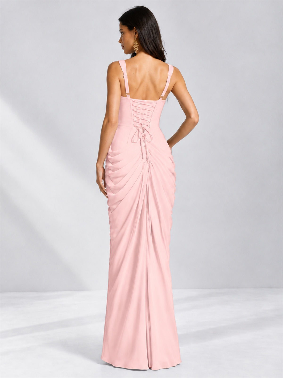 Square Neck Mermaid Chiffon Lace Up Back Wedding Guest Dress with Split Side