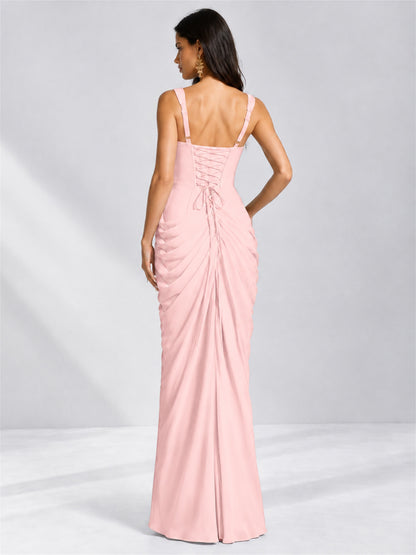 Square Neck Mermaid Chiffon Lace Up Back Wedding Guest Dress with Split Side