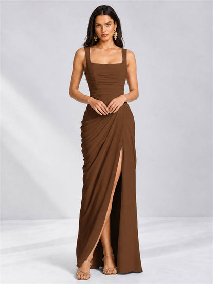 Square Neck Mermaid Chiffon Lace Up Back Wedding Guest Dress with Split Side