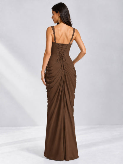 Square Neck Mermaid Chiffon Lace Up Back Wedding Guest Dress with Split Side