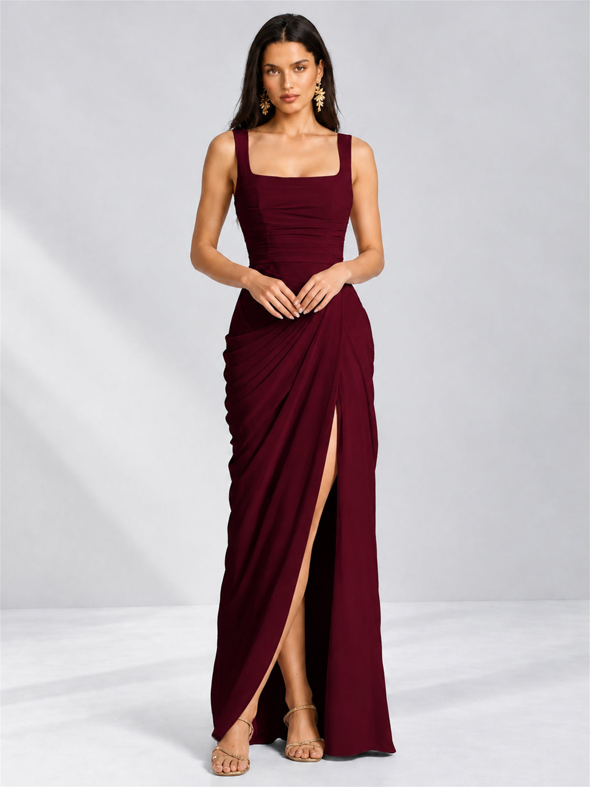 Square Neck Mermaid Chiffon Lace Up Back Wedding Guest Dress with Split Side