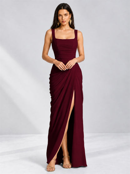 Square Neck Mermaid Chiffon Lace Up Back Wedding Guest Dress with Split Side