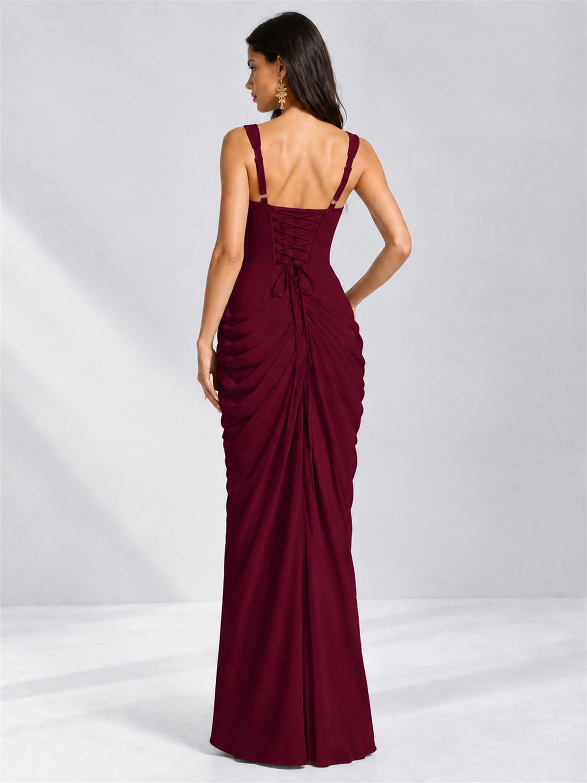 Square Neck Mermaid Chiffon Lace Up Back Wedding Guest Dress with Split Side