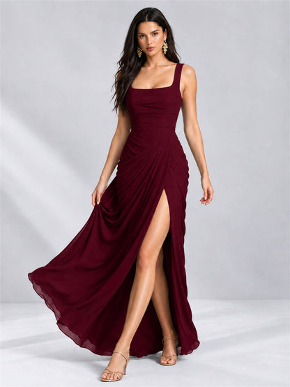 Square Neck Mermaid Chiffon Lace Up Back Wedding Guest Dress with Split Side