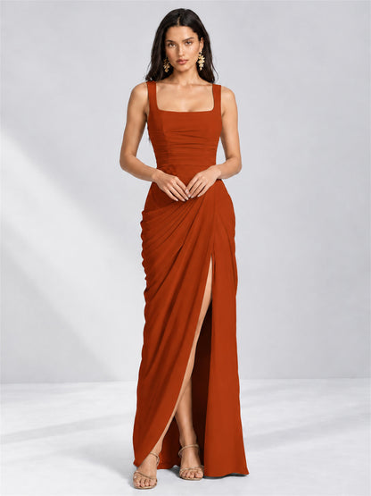 Square Neck Mermaid Chiffon Lace Up Back Wedding Guest Dress with Split Side