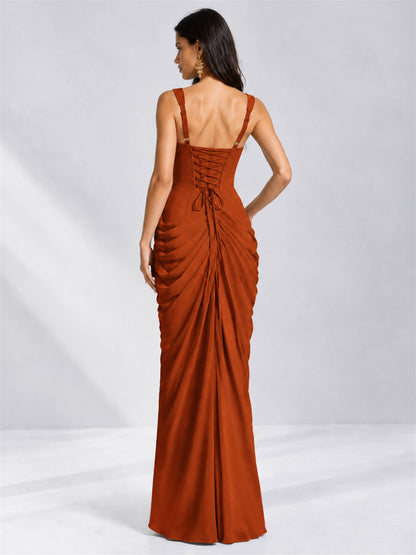 Square Neck Mermaid Chiffon Lace Up Back Wedding Guest Dress with Split Side
