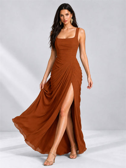 Square Neck Mermaid Chiffon Lace Up Back Wedding Guest Dress with Split Side