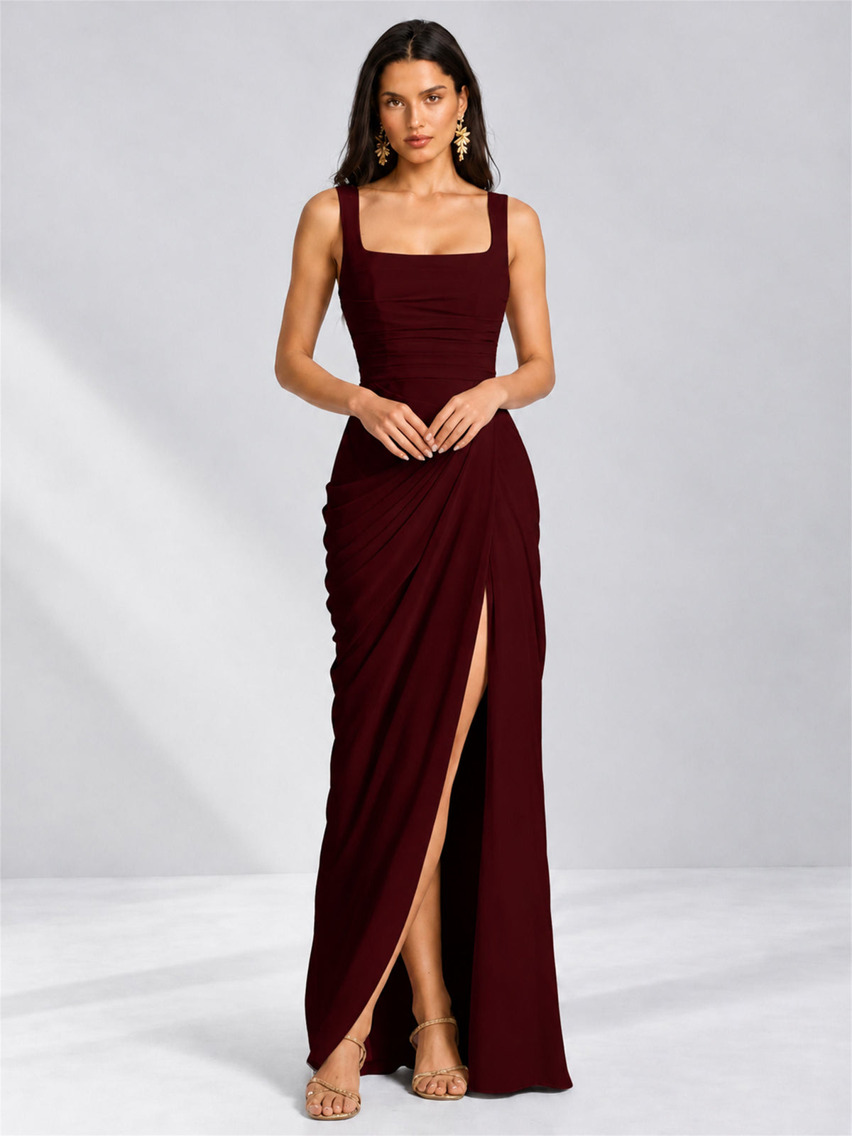 Square Neck Mermaid Chiffon Lace Up Back Wedding Guest Dress with Split Side