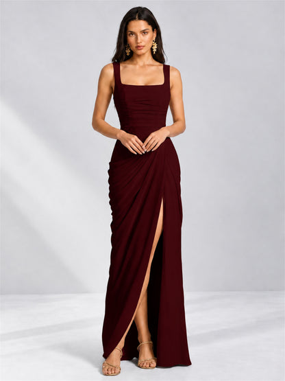 Square Neck Mermaid Chiffon Lace Up Back Wedding Guest Dress with Split Side