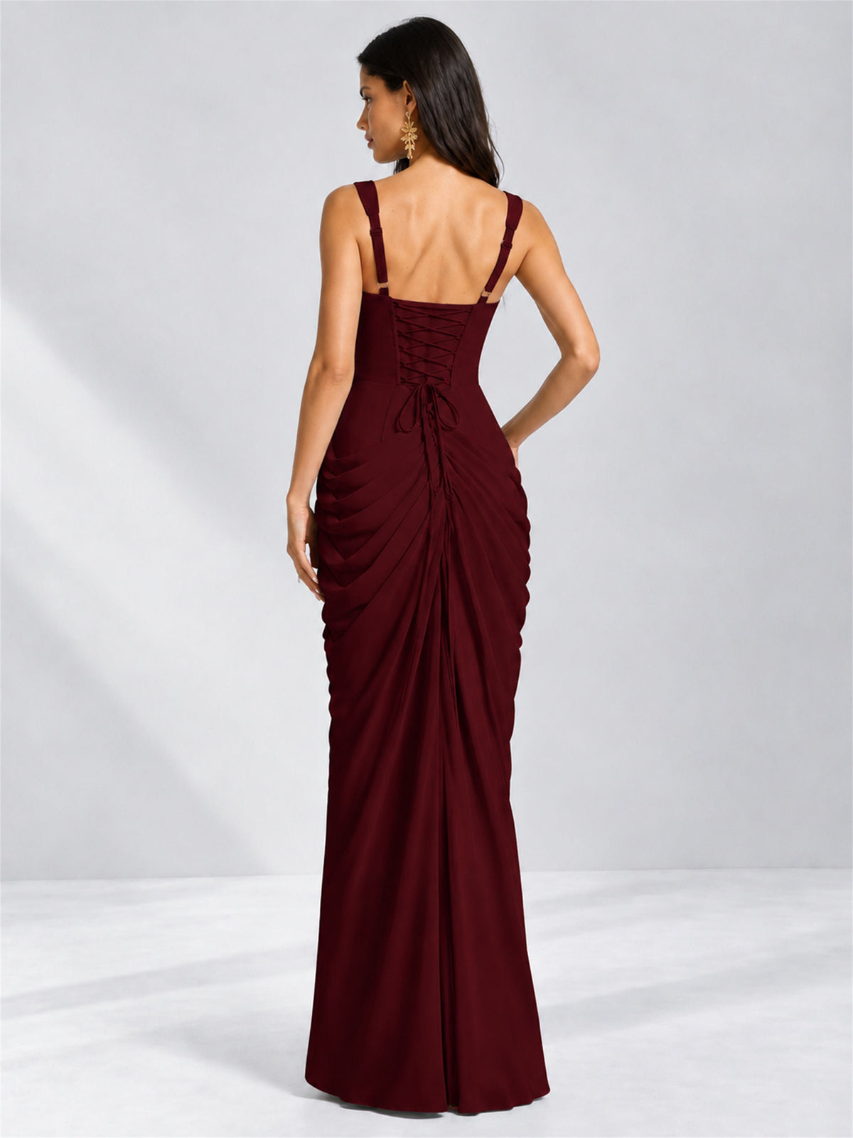 Square Neck Mermaid Chiffon Lace Up Back Wedding Guest Dress with Split Side