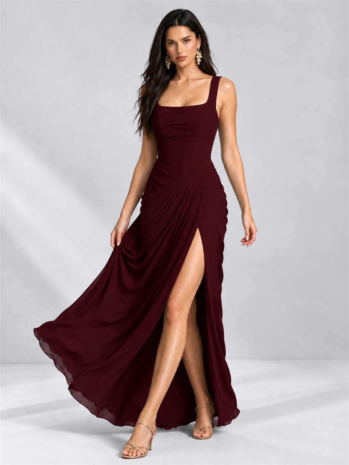 Square Neck Mermaid Chiffon Lace Up Back Wedding Guest Dress with Split Side
