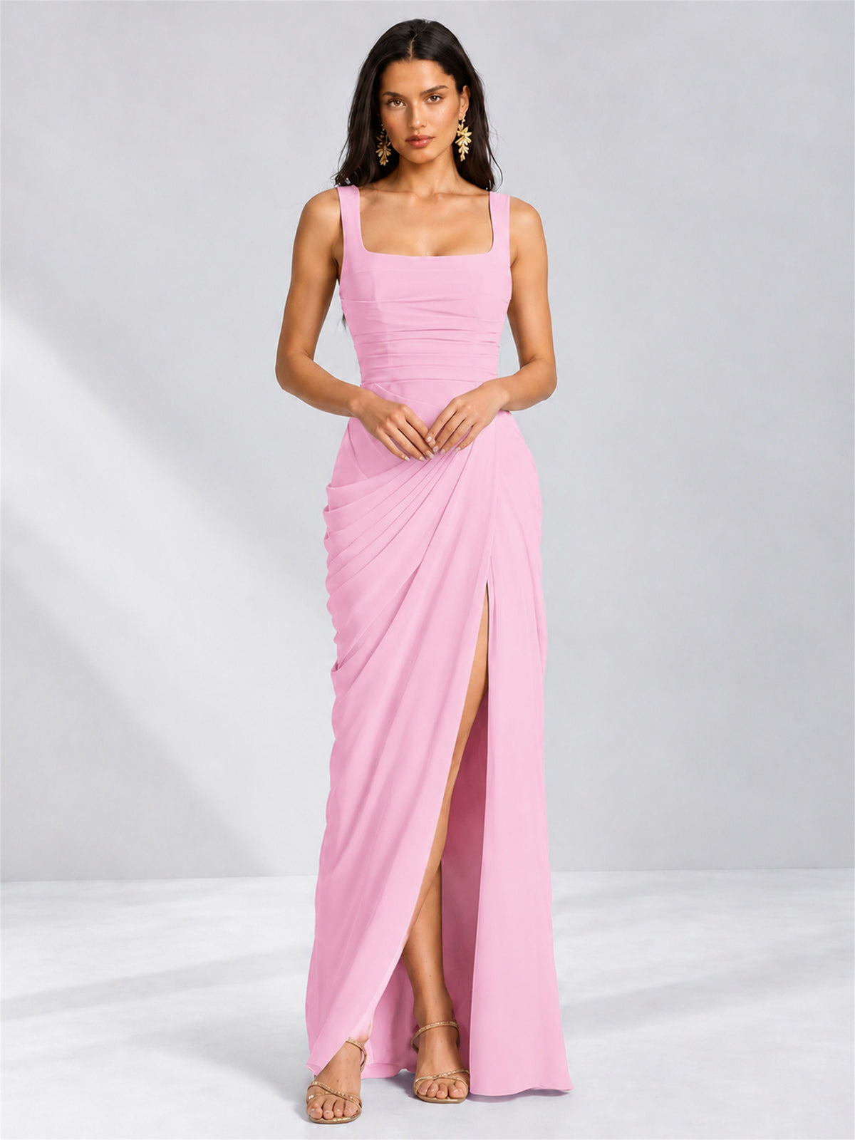 Square Neck Mermaid Chiffon Lace Up Back Wedding Guest Dress with Split Side