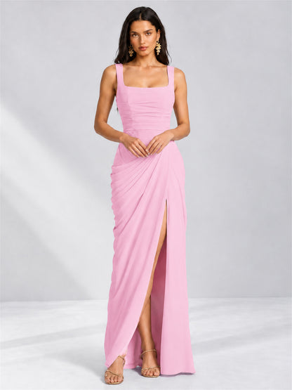 Square Neck Mermaid Chiffon Lace Up Back Wedding Guest Dress with Split Side