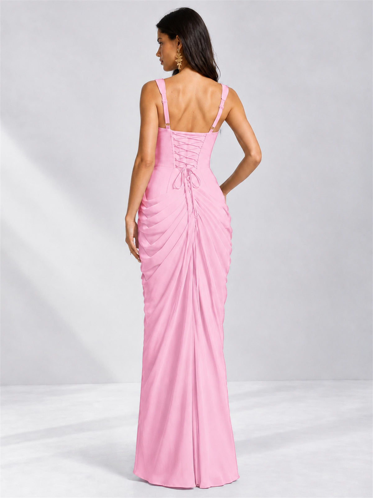 Square Neck Mermaid Chiffon Lace Up Back Wedding Guest Dress with Split Side