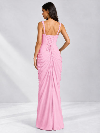 Square Neck Mermaid Chiffon Lace Up Back Wedding Guest Dress with Split Side