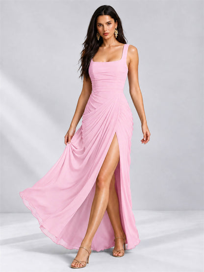 Square Neck Mermaid Chiffon Lace Up Back Wedding Guest Dress with Split Side