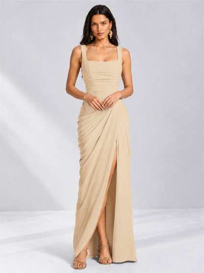 Square Neck Mermaid Chiffon Lace Up Back Wedding Guest Dress with Split Side