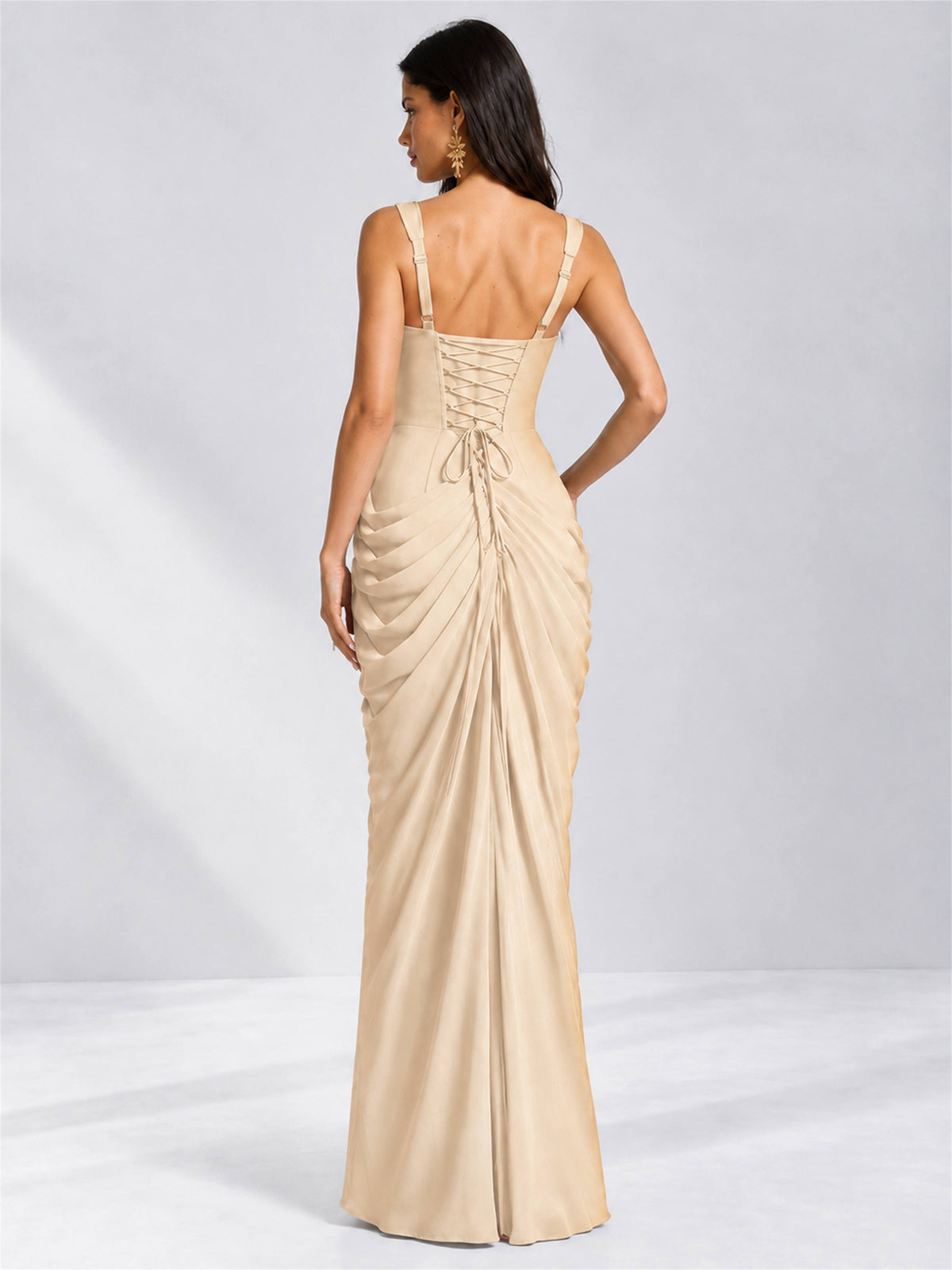 Square Neck Mermaid Chiffon Lace Up Back Wedding Guest Dress with Split Side