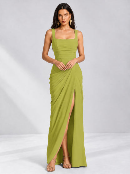 Square Neck Mermaid Chiffon Lace Up Back Wedding Guest Dress with Split Side