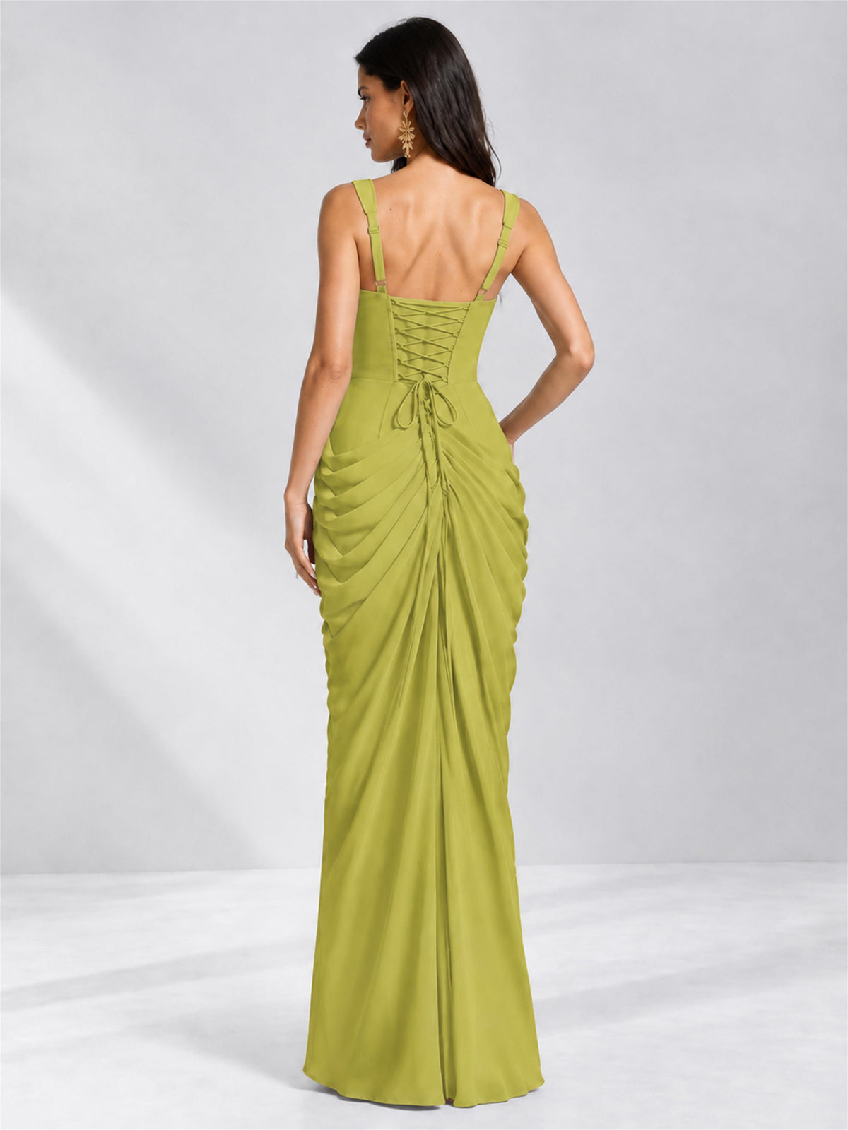 Square Neck Mermaid Chiffon Lace Up Back Wedding Guest Dress with Split Side