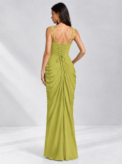 Square Neck Mermaid Chiffon Lace Up Back Wedding Guest Dress with Split Side