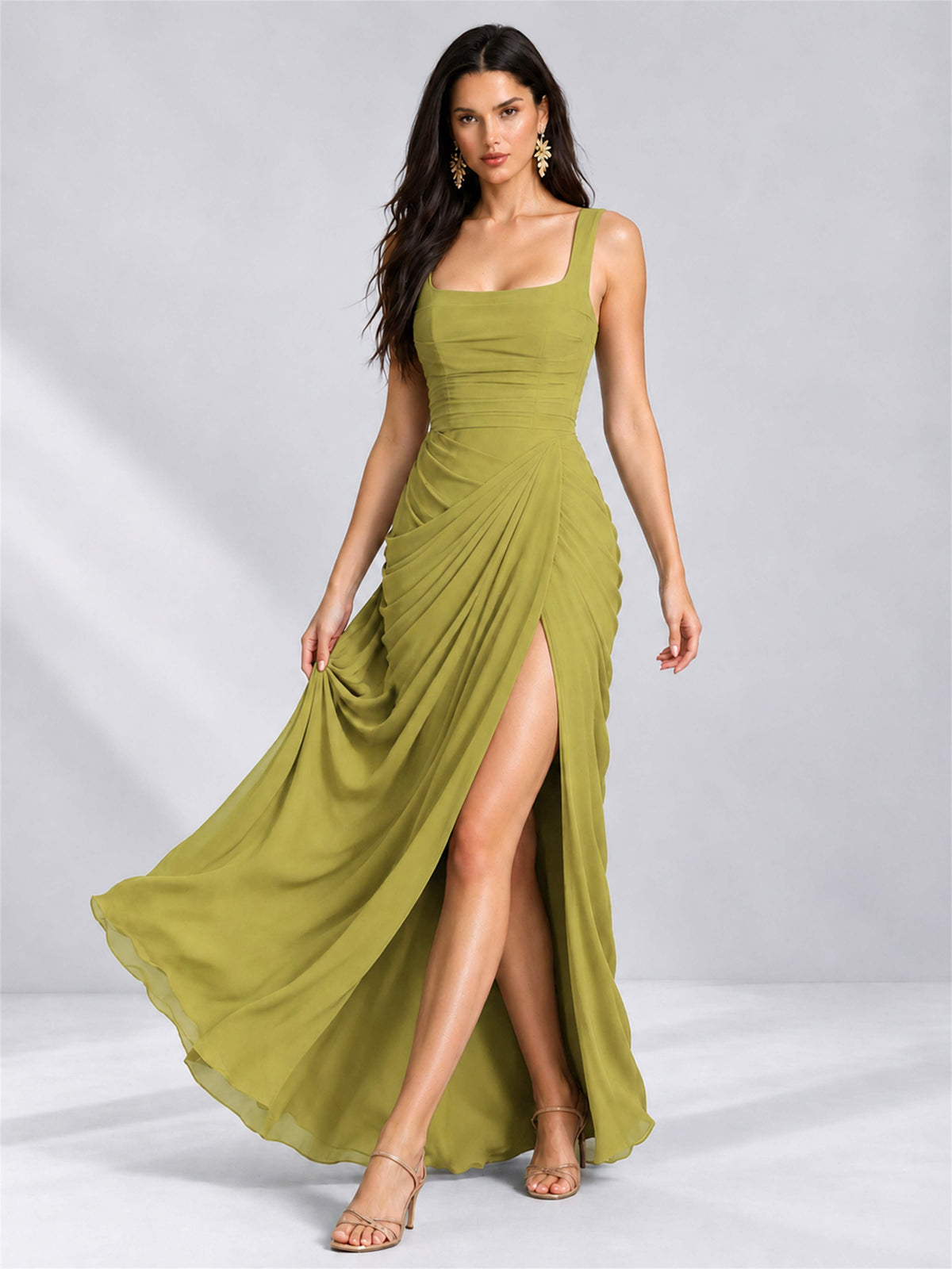 Square Neck Mermaid Chiffon Lace Up Back Wedding Guest Dress with Split Side